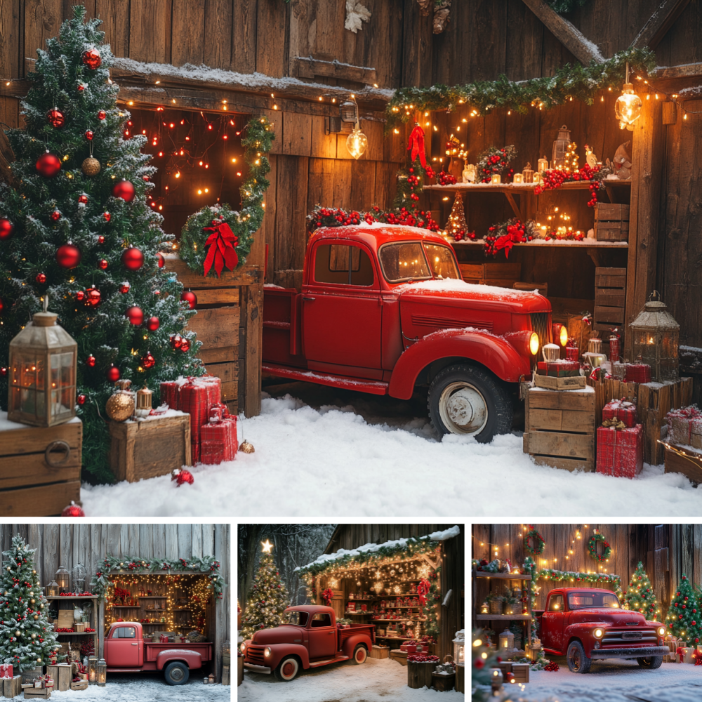 Vintage Photography Lighting - Wooden Barn Christmas Backdrop Vintage Red