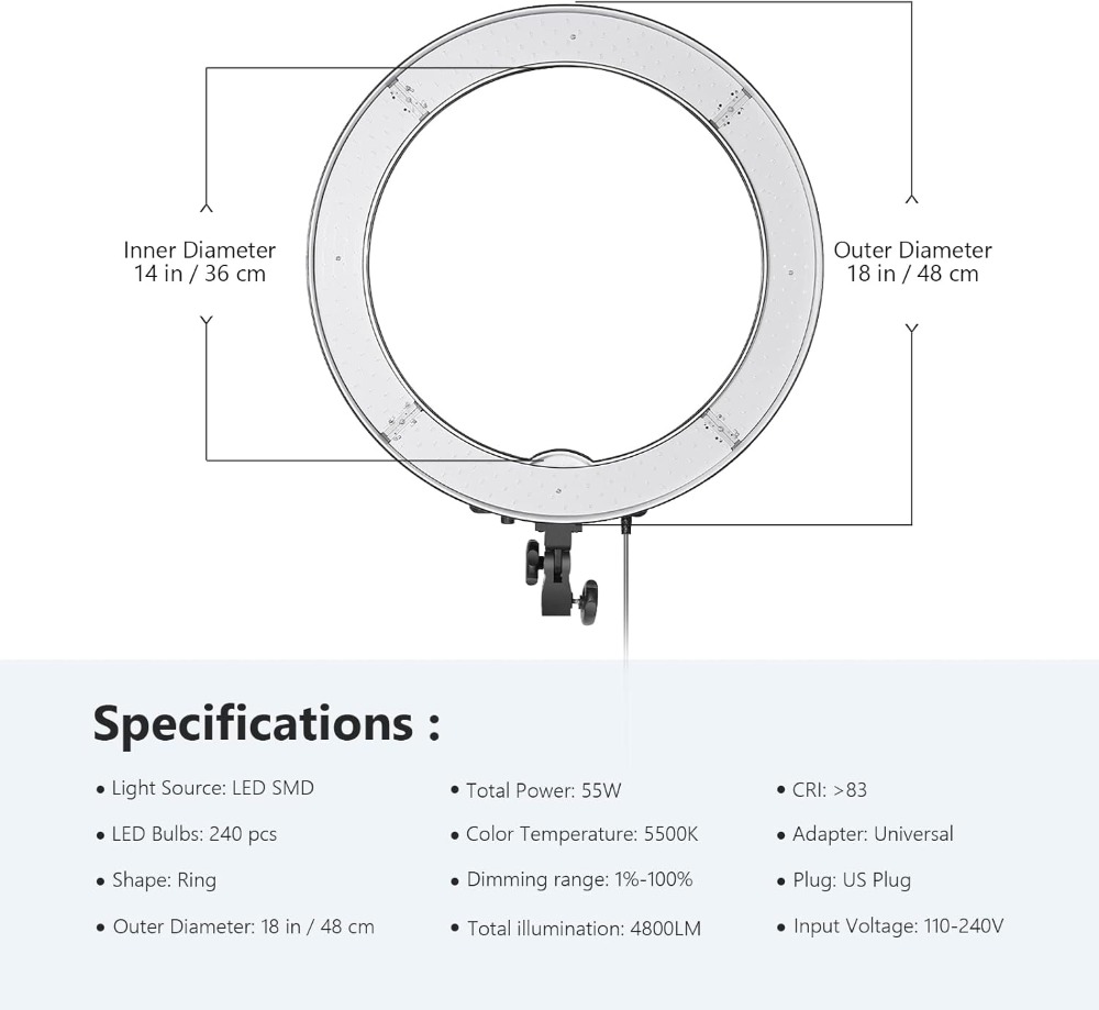18-Inch 55W Dimmable Ring Ligh - Photography Lighting Reference 评论和价格